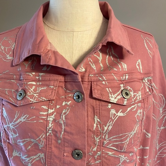 ASHLEY STEWART metallic foil floral etching /pink cropped trucker jacket 10/12 - Picture 3 of 13